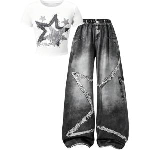 image:imageSOLY HUX Girls Y2k Clothes Star Graphic Crop Top and Baggy Pants Grunge 2 Piece Outfit StreetwearWhite Black Star