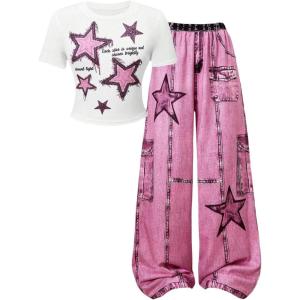 image:imageSOLY HUX Girls Y2k Clothes Star Graphic Crop Top and Baggy Pants Grunge 2 Piece Outfit StreetwearWhite Pink Star