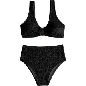 image:imageSOLY HUX Womens 2 Piece Bikini Set Ring Linked High Waisted Textured Bathing Suit SwimwearPlain Black