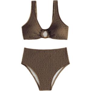 image:imageSOLY HUX Womens 2 Piece Bikini Set Ring Linked High Waisted Textured Bathing Suit SwimwearPlain Coffee Brown