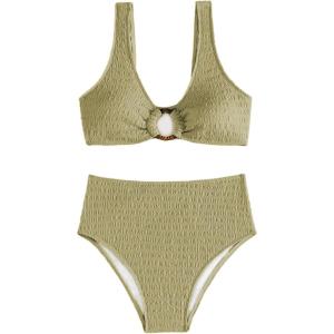 image:imageSOLY HUX Womens 2 Piece Bikini Set Ring Linked High Waisted Textured Bathing Suit SwimwearPlain Green