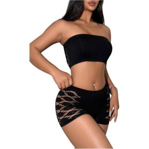 image:imageSOLY HUX Womens 2 Piece Lingerie Set Hollow Out Wireless Bandeau Bra and Boyshorts Set Plain Black Small