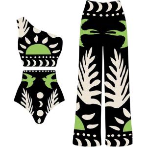 image:imageSOLY HUX Womens 3 Piece Swimsuit Printed One Shoulder High Waisted Bikini Set Bathing Suit with Cover Up PantsBlack and Green