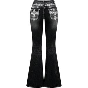image:imageSOLY HUX Womens Bell Bottom Jeans Embroidery Y2k Stretch Flare Denim PantsBlack Embroidery