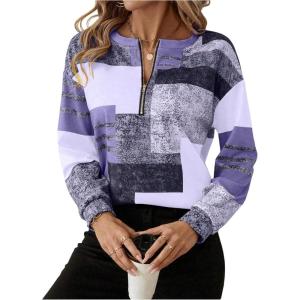 image:imageSOLY HUX Womens Color Block Printed Sweatshirt Half Zip Crew Neck Long Sleeve Casual Pullover TopsPurple Printed