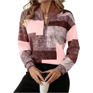 image:imageSOLY HUX Womens Color Block Printed Sweatshirt Half Zip Crew Neck Long Sleeve Casual Pullover TopsRose Red Printed