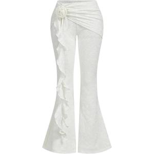image:imageSOLY HUX Womens Floral Flare Pants Y2k Ruched Ruffle Low Rise Bell Bottom Pants TrousersWhite