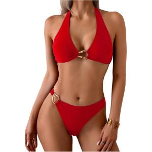 image:imageSOLY HUX Womens Halter Bikini Set V Neck Ring Linked Bathing Suit Summer Beach Two Piece SwimsuitPlain Red