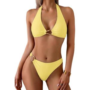 image:imageSOLY HUX Womens Halter Bikini Set V Neck Ring Linked Bathing Suit Summer Beach Two Piece SwimsuitPure Yellow