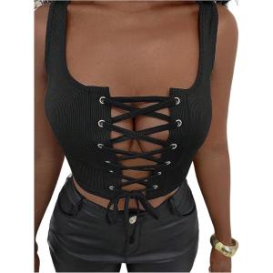image:imageSOLY HUX Womens Lace Up Crop Tank Tops Sleeveless Scoop Neck Ribbed Slim Fit Going Out ShirtsPlain Black