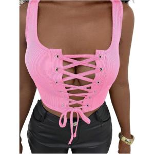 image:imageSOLY HUX Womens Lace Up Crop Tank Tops Sleeveless Scoop Neck Ribbed Slim Fit Going Out ShirtsPlain Pink