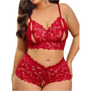 image:imageSOLY HUX Womens Plus Size Lace Lingerie Set Cut Out Wireless Bra and Boyshorts Underwear SetsPure Burgundy