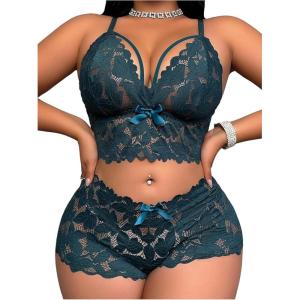 image:imageSOLY HUX Womens Plus Size Lace Lingerie Set Sheer Wireless Bra and Boyshorts Underwear SetsPure Teal Blue