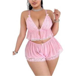 image:imageSOLY HUX Womens Plus Size Lace Mesh Lingerie Set Front Closure Wireless Bra and Boyshorts SetsPlain Pink