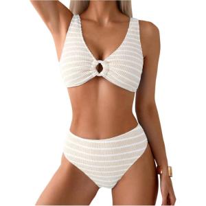 image:imageSOLY HUX Womens Striped Bathing Suit V Neck High Waisted Bikini Sets Two Piece SwimsuitApricot Striped