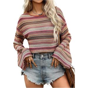 image:imageSOLY HUX Womens Striped T Shirt Bell Long Sleeve Hollow Out Knit Tee Boho Crop TopsMulticoloured Striped
