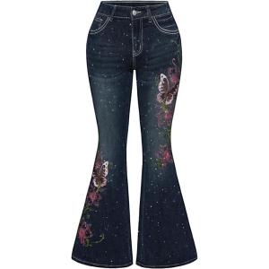 image:imageSOLY HUX Womens Y2k Bell Bottom Jeans Butterfly Embroidery Casual Denim Flare PantsBlue Butterfly