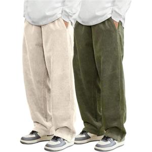 image:imageSOLY HUX Mens 2 Piece Corduroy Pants Drawstring Elastic Waist Straight Leg Baggy Pants with PocketsBeige and Green