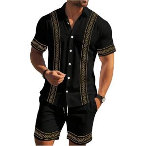 image:imageSOLY HUX Mens 2 Piece Summer Vacation Outfits Geometric Print Button Down Short Sleeve Shirt and Shorts SetMulticolor Printed