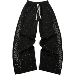 image:imageSOLY HUX Mens Baggy Sweatpants Y2k Sparkly Rhinestone Drawstring Elastic Waist Wide Leg Loose Pants StreetwearBlack Letter