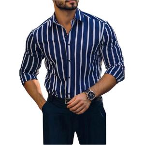 image:imageSOLY HUX Mens Dress Shirts Long Sleeve Button Down Shirt Striped Business Casual Formal Shirt Mens ClothesDark Blue Striped
