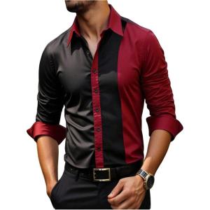 image:imageSOLY HUX Mens Dress Shirts Long Sleeve Button Down Shirt Striped Business Casual Formal Shirt Mens ClothesRed and Black