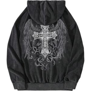 image:imageSOLY HUX Mens Gothic Zip Up Hoodies Grunge Drop Shoulder Hooded Sweatshirts OuterwearBlack Graphic