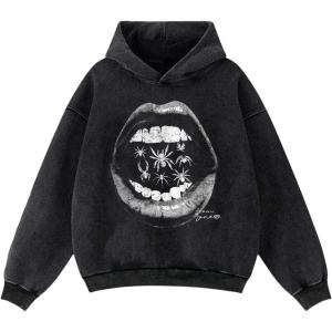 image:imageSOLY HUX Mens Graphic Hoodies Oversized Drop Shoulder Long Sleeve Streetwear Vintage Pullover SweatshirtBlack Lips