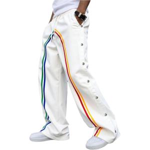 image:imageSOLY HUX Mens Striped Baggy Pants Wide Leg Side Button Tear Away Sweatpants with PocketsWhite Striped