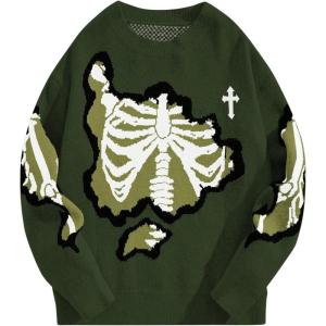 image:imageSOLY HUX Mens Y2K Skeleton Sweater Goth Grunge Skull Long Sleeve Pullover Jumper Graphic Alternative SweatersArmy Green Graphic