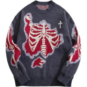 image:imageSOLY HUX Mens Y2K Skeleton Sweater Goth Grunge Skull Long Sleeve Pullover Jumper Graphic Alternative SweatersDark Grey Graphic