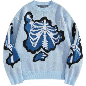 image:imageSOLY HUX Mens Y2K Skeleton Sweater Goth Grunge Skull Long Sleeve Pullover Jumper Graphic Alternative SweatersLight Blue Graphic