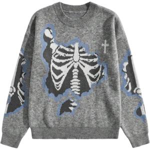 image:imageSOLY HUX Mens Y2K Skeleton Sweater Goth Grunge Skull Long Sleeve Pullover Jumper Graphic Alternative SweatersLight Grey Graphic