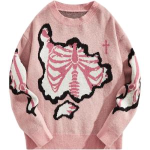 image:imageSOLY HUX Mens Y2K Skeleton Sweater Goth Grunge Skull Long Sleeve Pullover Jumper Graphic Alternative SweatersPink Graphic