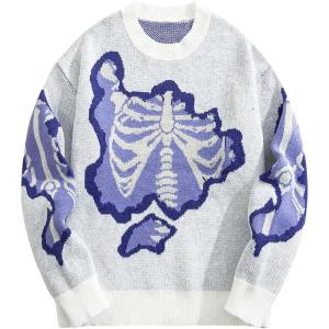 image:imageSOLY HUX Mens Y2K Skeleton Sweater Goth Grunge Skull Long Sleeve Pullover Jumper Graphic Alternative SweatersWhite Graphic