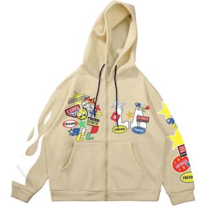 image:imageSOLY HUX Mens Y2k Graphic Zip Up Hoodies Drawstring Long Sleeve Casual Sweatshirt Jacket with PocketsKhaki Letter