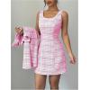 image:imageSOLY HUX Womens 2 Piece Outfits Plaid Long Sleeve Button Down Cropped Jacket and Sleeveless Mini Dress SetsHotpink Plaid
