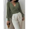 image:imageSOLY HUX Womens Long Sleeve V Neck Wrap Belted Sweater Elegant Office Knitted Crop Tops Fall OutfitsArmy Green