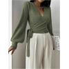 image:imageSOLY HUX Womens Long Sleeve V Neck Wrap Belted Sweater Elegant Office Knitted Crop Tops Fall OutfitsArmy Green