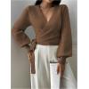 image:imageSOLY HUX Womens Long Sleeve V Neck Wrap Belted Sweater Elegant Office Knitted Crop Tops Fall OutfitsCoffee Brown