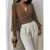 image:imageSOLY HUX Womens Long Sleeve V Neck Wrap Belted Sweater Elegant Office Knitted Crop Tops Fall OutfitsCoffee Brown