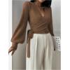image:imageSOLY HUX Womens Long Sleeve V Neck Wrap Belted Sweater Elegant Office Knitted Crop Tops Fall OutfitsCoffee Brown