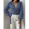 image:imageSOLY HUX Womens Long Sleeve V Neck Wrap Belted Sweater Elegant Office Knitted Crop Tops Fall OutfitsDark Blue