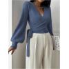 image:imageSOLY HUX Womens Long Sleeve V Neck Wrap Belted Sweater Elegant Office Knitted Crop Tops Fall OutfitsDark Blue