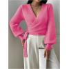 image:imageSOLY HUX Womens Long Sleeve V Neck Wrap Belted Sweater Elegant Office Knitted Crop Tops Fall OutfitsHot Pink