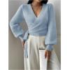 image:imageSOLY HUX Womens Long Sleeve V Neck Wrap Belted Sweater Elegant Office Knitted Crop Tops Fall OutfitsLight Blue