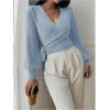 image:imageSOLY HUX Womens Long Sleeve V Neck Wrap Belted Sweater Elegant Office Knitted Crop Tops Fall OutfitsLight Blue