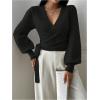 image:imageSOLY HUX Womens Long Sleeve V Neck Wrap Belted Sweater Elegant Office Knitted Crop Tops Fall OutfitsPlain Black