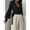 image:imageSOLY HUX Womens Long Sleeve V Neck Wrap Belted Sweater Elegant Office Knitted Crop Tops Fall OutfitsPlain Black