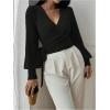 image:imageSOLY HUX Womens Long Sleeve V Neck Wrap Belted Sweater Elegant Office Knitted Crop Tops Fall OutfitsPlain Black